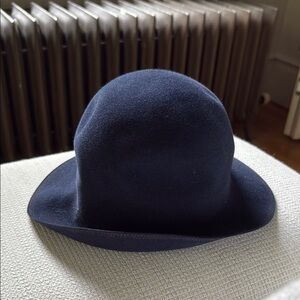 Vintage Felt Navy Blue Bowler Hat with Rounded Crown